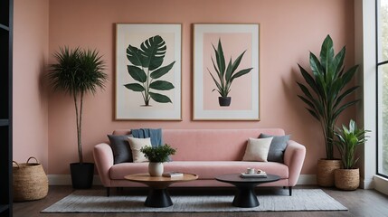 A modern stylish living room with a light pink fabric designer sofa set and photo frames displayed on the wall 3d illustration