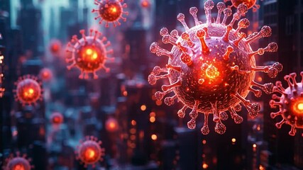 Poster - a vivid representation of viruses floating over a futuristic city landscape at dusk