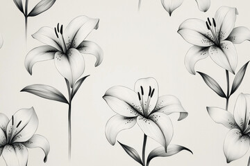 Poster - Minimalist floral pattern featuring hand-drawn lilies on a pale gray background with a sophisticated design