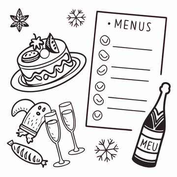 Christmas dinner doodle vector set, holiday hand drawn menu icon collection, champagne, cake, turkey. Festive New Year night beverages, line design elements, gingerbread. Christmas dinner food sketch 