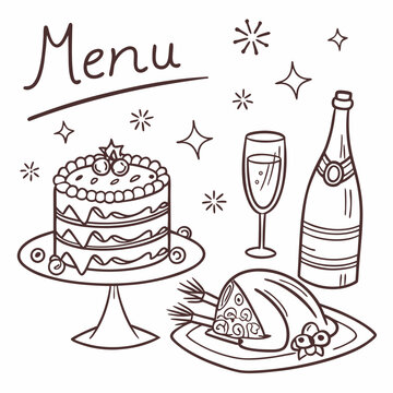 Christmas dinner doodle vector set, holiday hand drawn menu icon collection, champagne, cake, turkey. Festive New Year night beverages, line design elements, gingerbread. Christmas dinner food sketch 
