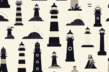 Poster - Minimalist monochrome nautical pattern with lighthouses and wave icons in sleek black and white design