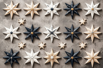 Poster - Minimalist nautical pattern featuring compasses and stars in navy, white, and beige on a soft gray background