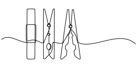 Aufkleber - Wooden clothespin icon continuous one line drawing, illustration of clothespin one continuous line art. line, simple, hand drawn and sketch style. for icon, symbol, sign or logo, Clothesline with pin.