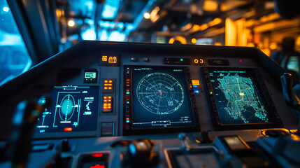 Poster - HUD military traffic control, radar or sonar display screen interface. Navigation digital vector monitors with blue neon radar grid, map, target and blip objects, submarine, airplane navigation system