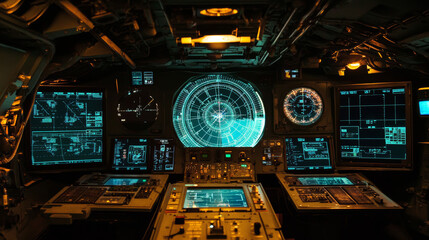 Poster - HUD military traffic control, radar or sonar display screen interface. Navigation digital vector monitors with blue neon radar grid, map, target and blip objects, submarine, airplane navigation system