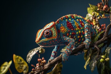  A chameleon perched on a branch. It displays a variety of vibrant colors, including vivid blues, reds, oranges, and greens, with intricate patterns on its skin.  Dark  background