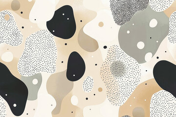 Poster - Dynamic minimalist pattern of irregularly spaced dots in beige, white, and charcoal on a soft taupe background