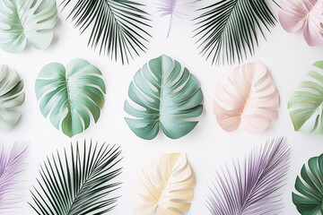Poster - Minimalist tropical pattern with pastel monstera leaves and palm fronds on white background