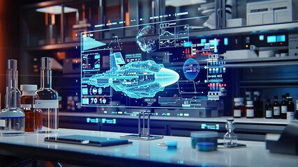 Poster - High-tech laboratory showcasing a futuristic spacecraft design on a digital display screen
