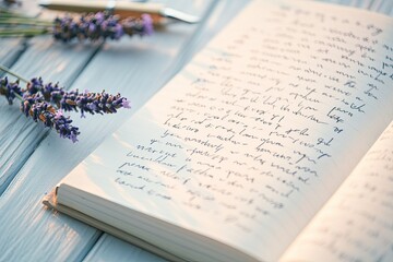 Wall Mural - close-up of journal page with handwritten affirmations next to pen and sprig of lavender