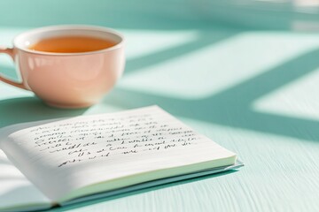 Poster - close-up of neatly written therapy journal page with handwritten reflections next to cup of herbal t