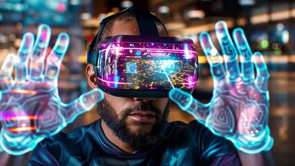 Poster - A man immersed in virtual reality technology explores a futuristic cityscape at night
