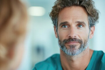 Poster - close-up of therapist thoughtful expression as they listen intently to client