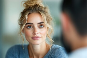 Poster - close-up of therapist thoughtful expression as they listen intently to client