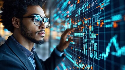 Poster - Young professional analyzing data trends on a digital screen in a modern office environment