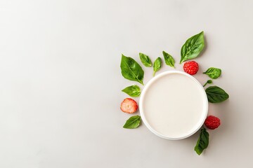 Poster - deconstructed smoothie bowl concept with fresh ingredients arranged in circular shape radiating from central empty