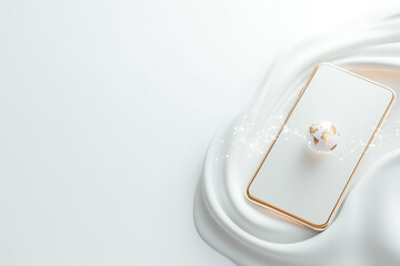 Poster - a basic smartphone shape rests on a smooth white surface, featuring a small globe icon that symboliz