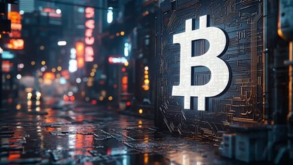 Poster - Illuminated Bitcoin symbol in a futuristic cityscape during a rainy night