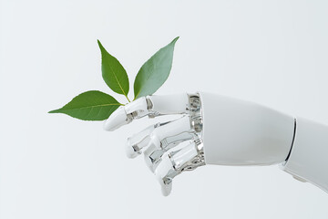 Poster - A simple robotic arm carefully grips a single green leaf, highlighting a harmonious interaction between technology and nature. The setting features a clean, minimalistic backdrop