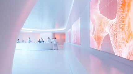 Poster - high-tech bioengineering conference room with futuristic display screens showcasing genetic data professionals in background