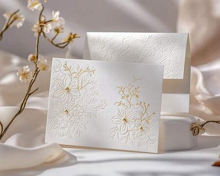 Elegant White Wedding Card Set with Gold Embossing