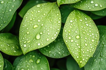 Poster - macro shot of raindrops resting on vibrant green leaves sparkling under soft light blurred backgroun