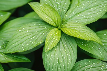 Aufkleber - macro shot of raindrops resting on vibrant green leaves sparkling under soft light blurred background copy space