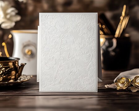 Elegant White Wedding Card Set with Gold Embossing