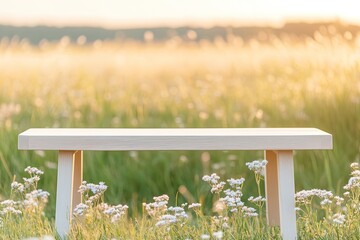 Poster - minimalist wooden bench set in open field with wildflowers soft golden hour light copy space