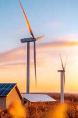 Poster - modern home equipped with solar panels and wind turbines showcasing innovative alternative energy solutions
