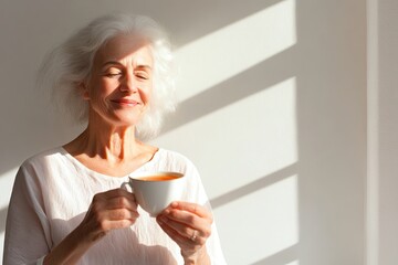 Poster - peaceful elderly woman in sunlit room gently holding cup of tea with soft smile