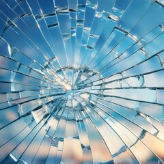 Close-up of shattered glass , crack mirrors and reflections the blue sky with blur; background graphic resource