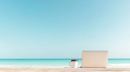 Poster - serene beach setting with laptop and coffee cup on wooden table showcasing digital nomad lifestyle