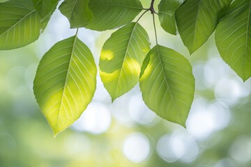 Aufkleber - serene close-up of fresh green leaves with sunlight filtering through soft shadows and blurred background copy space