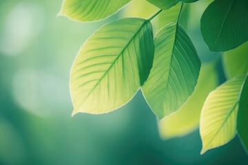 Aufkleber - serene close-up of fresh green leaves with sunlight filtering through soft shadows and blurred background copy space