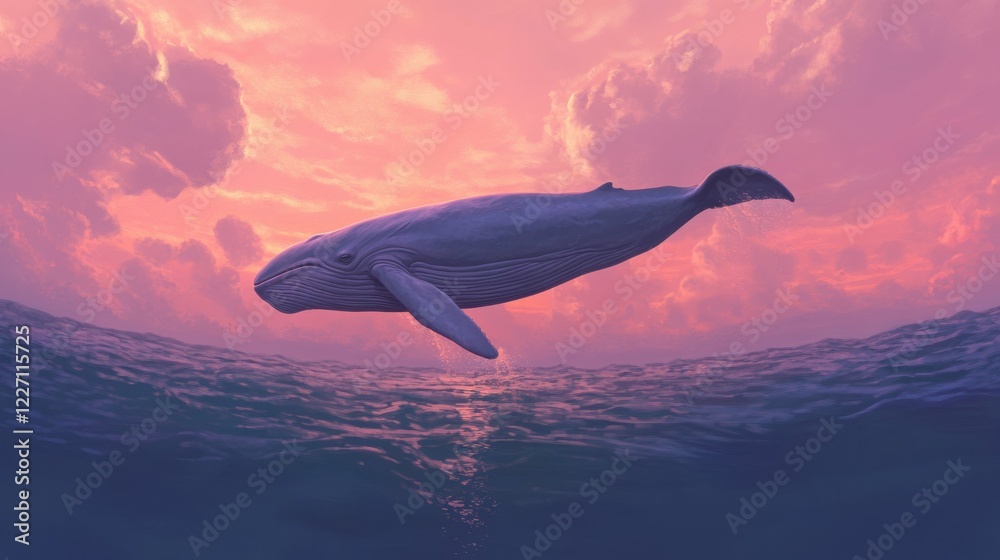 Blue whale gracefully diving into the depths of the ocean, its massive ...