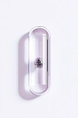 Poster - simple elegant vector rendering of transparent capsule containing single bioengineered seed set against pure white