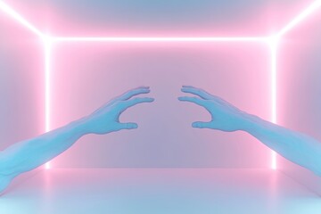 Poster - surreal concept of cloning featuring two identical hands reaching for each other in futuristic void 