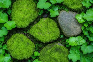 Poster - top-down close-up of moss-covered stones in dense forest green growth forming natural carpet