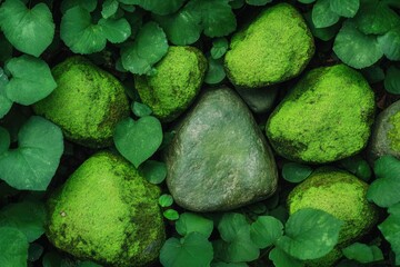 Poster - top-down close-up of moss-covered stones in dense forest green growth forming natural carpet