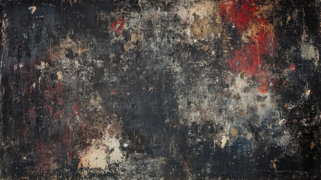 A dark and moody grunge background with multicolored abstract splashes, weathered surfaces, and deep scratches for a vintage feel