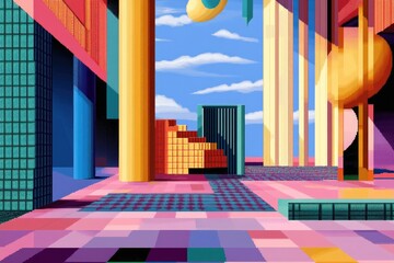 Poster - vibrant pixel art scene featuring retro elements with vivid colors and geometric shapes that create abstract design
