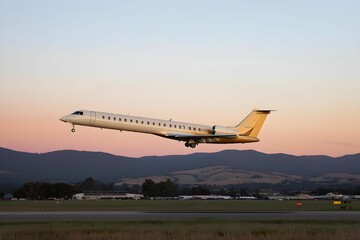 Wall Mural - Plane taking off into a vibrant sunset sky