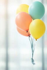 Poster - colorful balloons floating gently against blurred background creating serene atmosphere for advertising purposes