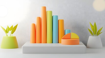 Fototapete - 3D data visualizations with intricate chart designs dynamic pie graphs and detailed bar graphs in vivid colors dramatically lit against a bright white canvas