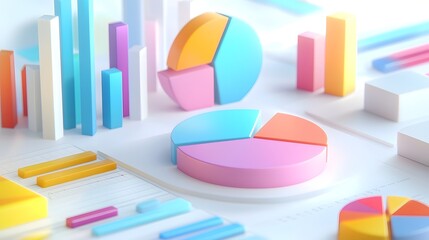 Leinwandbilder - Elegant and Playful 3D Data Visualization Featuring Soft Pastel Colored Pie Charts and Bar Graphs Artfully Arranged on a White Surface with Subtle Lighting and Shadows