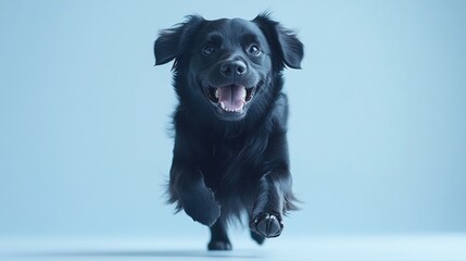 Playful Black Dog Running on a Light Blue Background