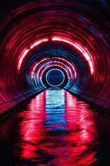 Poster - A red and blue circular light tunnel with the camera moving towards it, creating an illusion of infinite depth. The background is dark and the foreground has lights shining on the water surface,