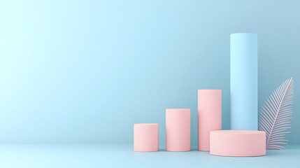 Poster - Minimalistic 3D bar graph with smooth cylinder elements and simple geometric shapes arranged on a clean blue background with soft shadows for a modern and elegant data visualization